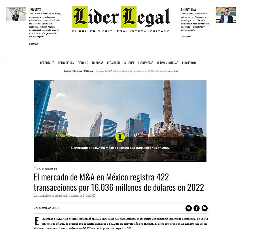 El mercado de M&A en Mxico registra 422 transacciones por 16.036 millones de dlares en 2022